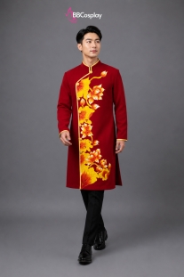 Áo Dài Nam Cách Tân Đỏ Vẽ Tay Hoa Sen