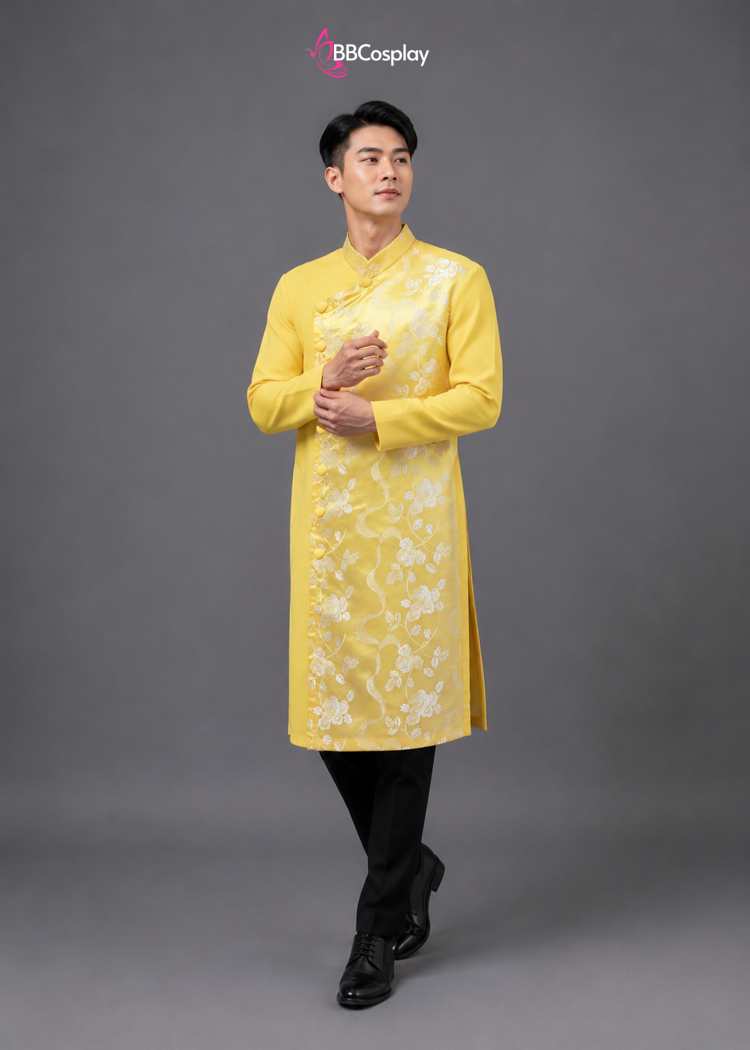 Áo Dài Nam Cách Tân Vàng Phối Gấm