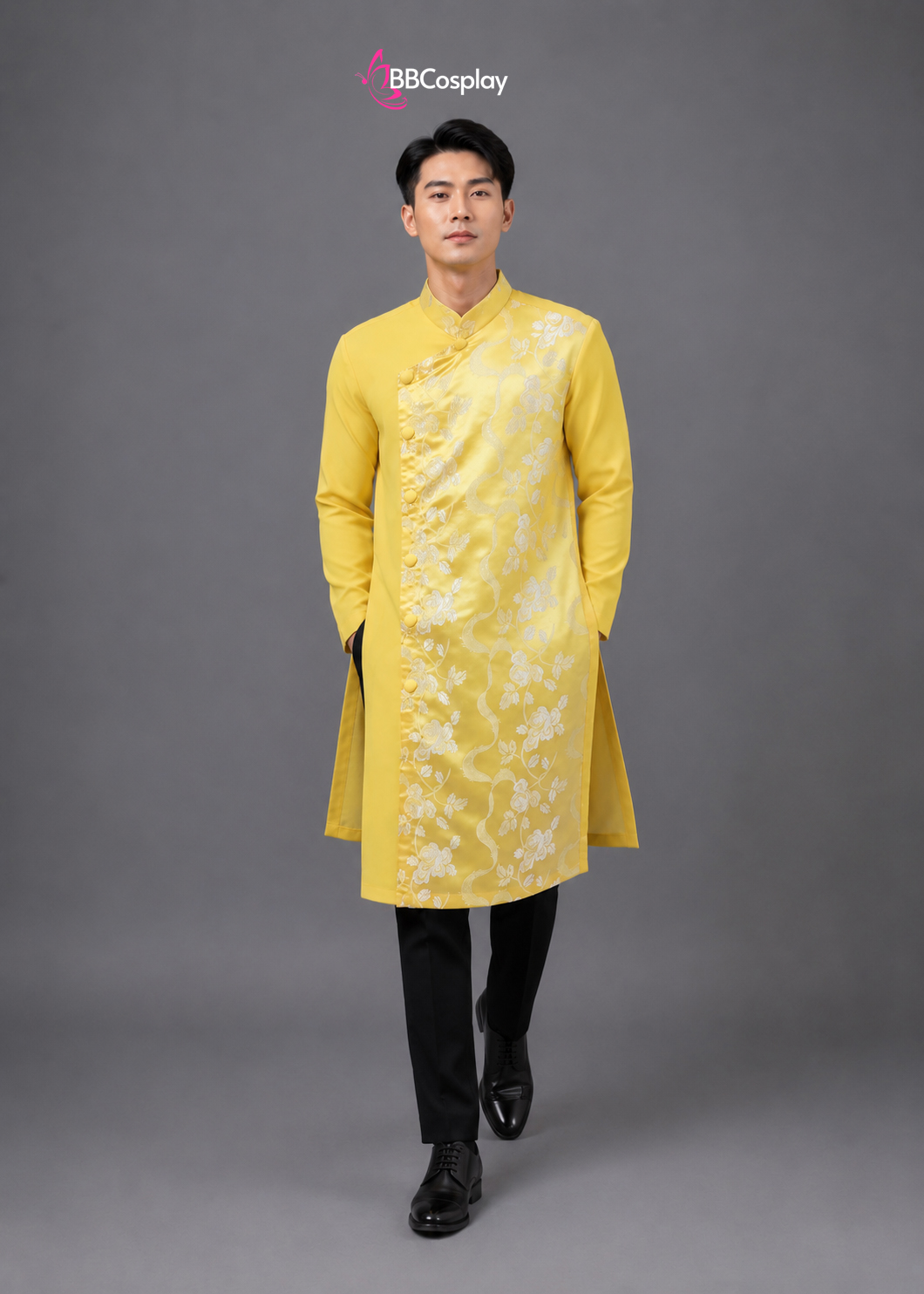 Áo Dài Nam Cách Tân Vàng Phối Gấm