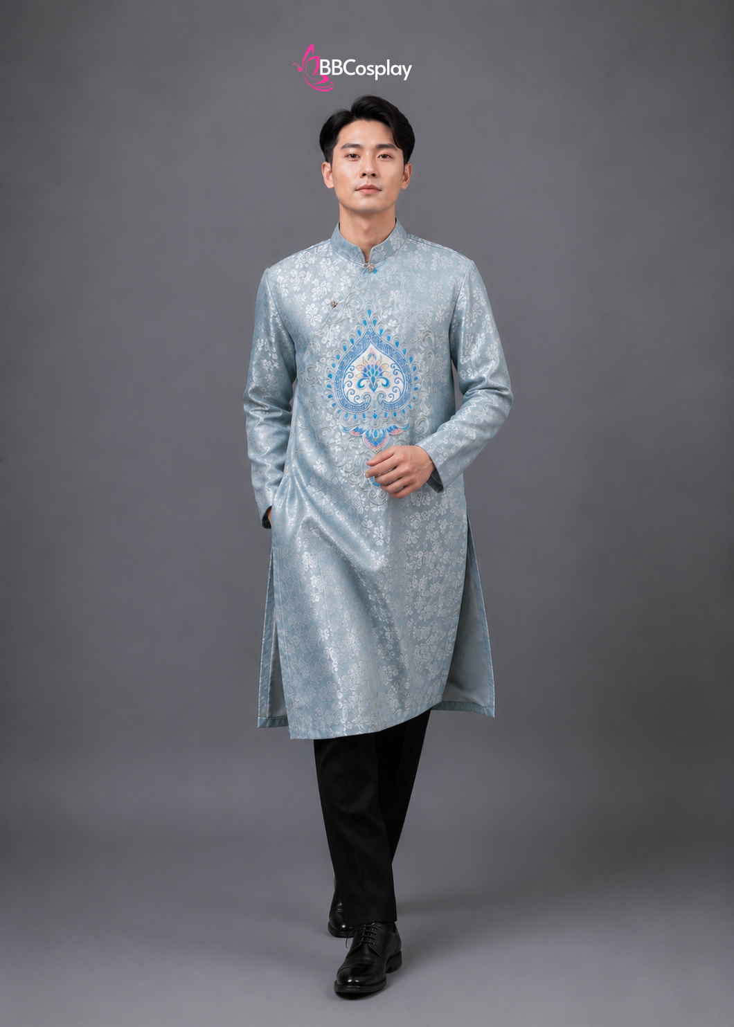 Áo Dài Nam Cách Tân Xanh Xám Có Thêu Hình Trái Tim