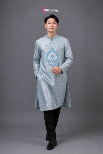 Áo Dài Nam Cách Tân Xanh Xám Có Thêu Hình Trái Tim
