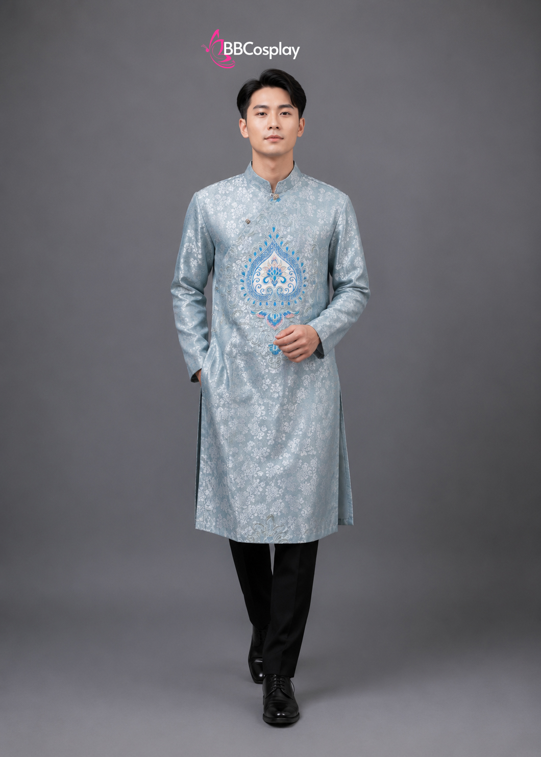 Áo Dài Nam Cách Tân Xanh Xám Có Thêu Hình Trái Tim