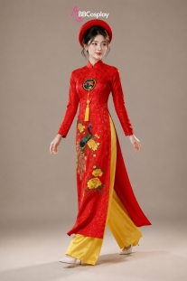 Áo Dài Đỏ Gấm Thêu Hình Công