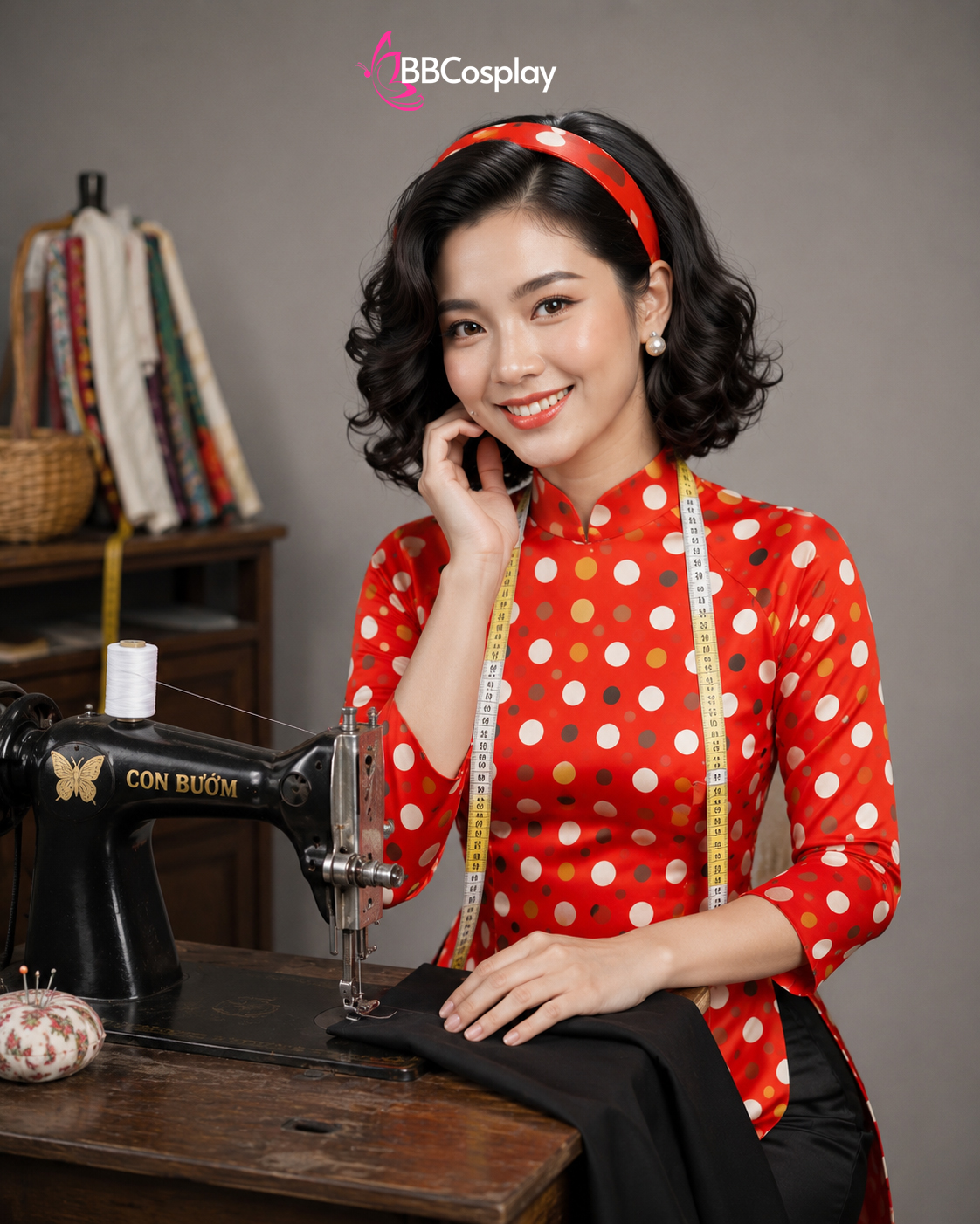 Áo Dài Cô Ba Sài Gòn Đỏ Cam Chấm Bi Nhiều Màu