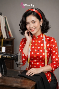 Áo Dài Cô Ba Sài Gòn Đỏ Cam Chấm Bi Nhiều Màu