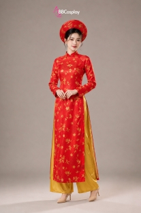 Trang Phục Áo Dài Cưới Xưa Màu Đỏ Hoạ Tiết Đồng Tiền Lá Trúc