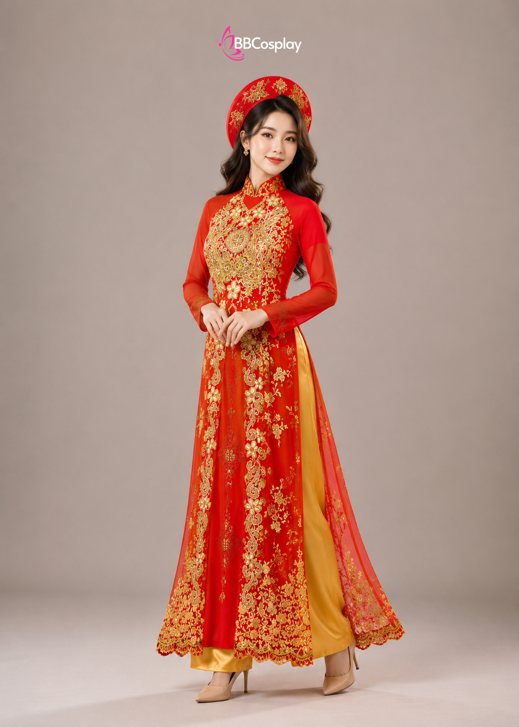 Trang Phục Áo Dài Cưới Xưa Màu Đỏ Phối Ren Hoạ Tiết Vàng