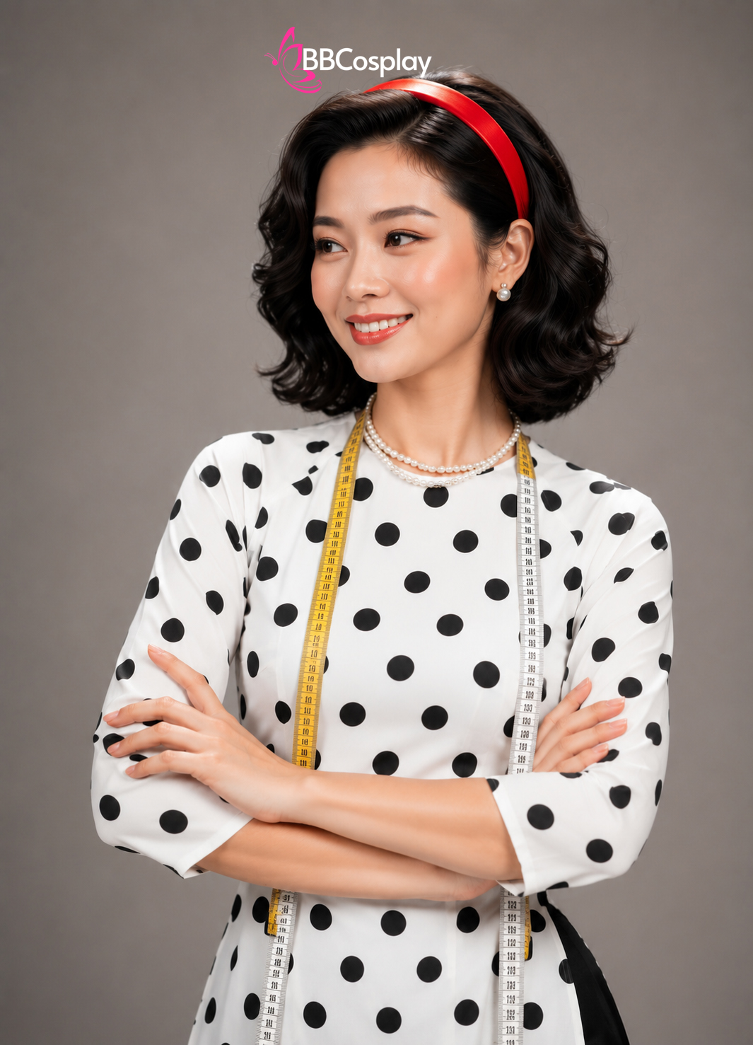 Áo Dài Cô Ba Sài Gòn Trắng Chấm Bi Đen Cổ Tròn