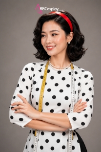 Áo Dài Cô Ba Sài Gòn Trắng Chấm Bi Đen Cổ Tròn