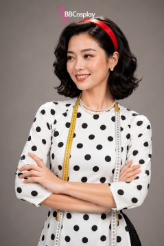 Áo Dài Cô Ba Sài Gòn Trắng Chấm Bi Đen Cổ Tròn