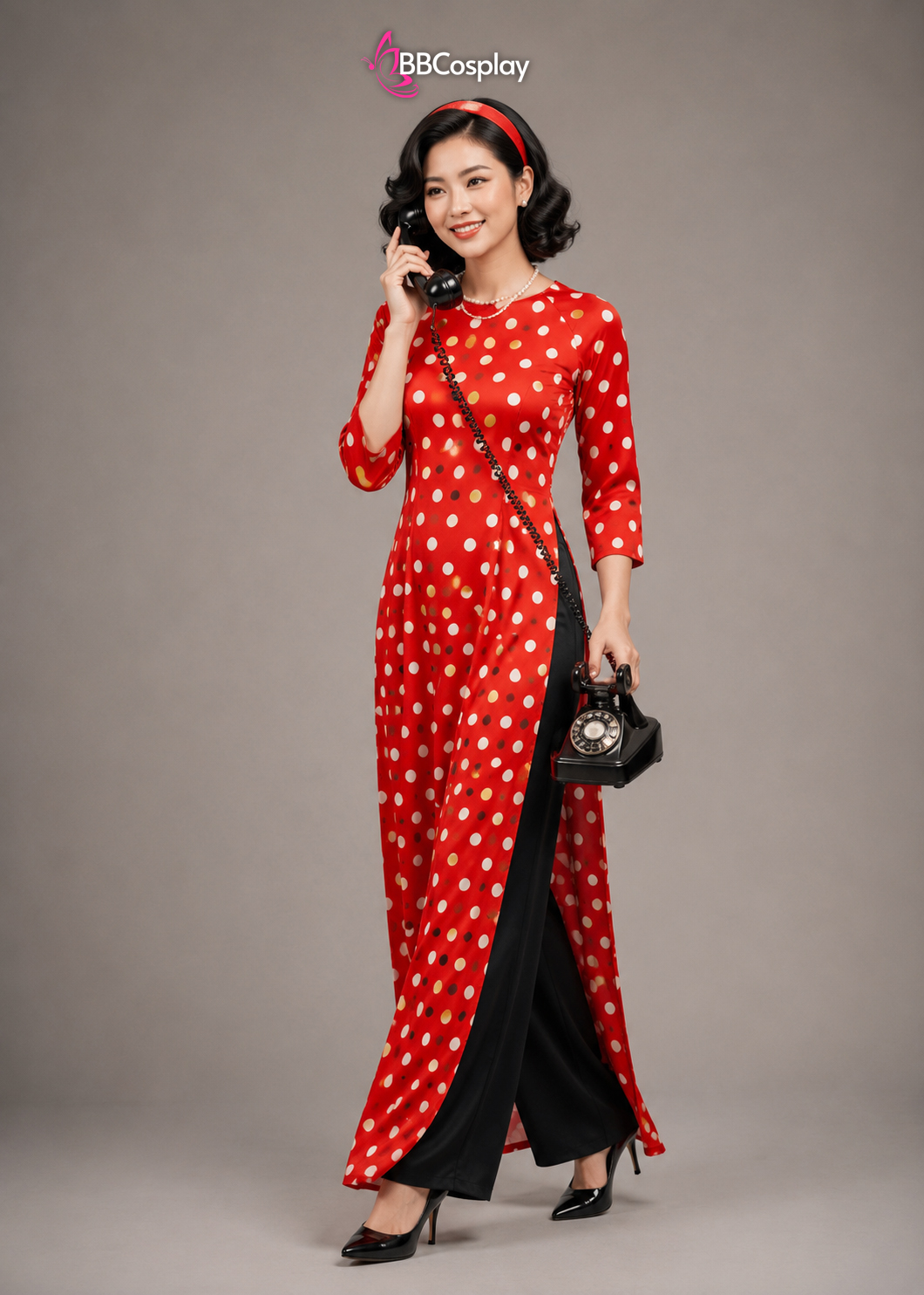 Áo Dài Cô Ba Sài Gòn Đỏ Cam Chấm Bi Cổ Tròn