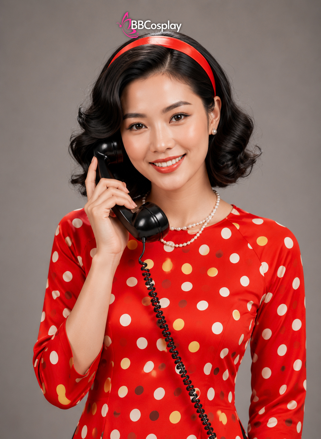 Áo Dài Cô Ba Sài Gòn Đỏ Cam Chấm Bi Cổ Tròn