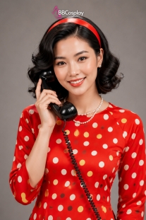 Áo Dài Cô Ba Sài Gòn Đỏ Cam Chấm Bi Cổ Tròn