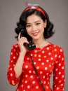 Áo Dài Cô Ba Sài Gòn Đỏ Cam Chấm Bi Cổ Tròn