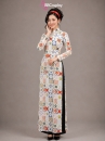 Áo Dài Cô Ba Sài Gòn Trắng Hoạ Tiết Vân Gạch Cam