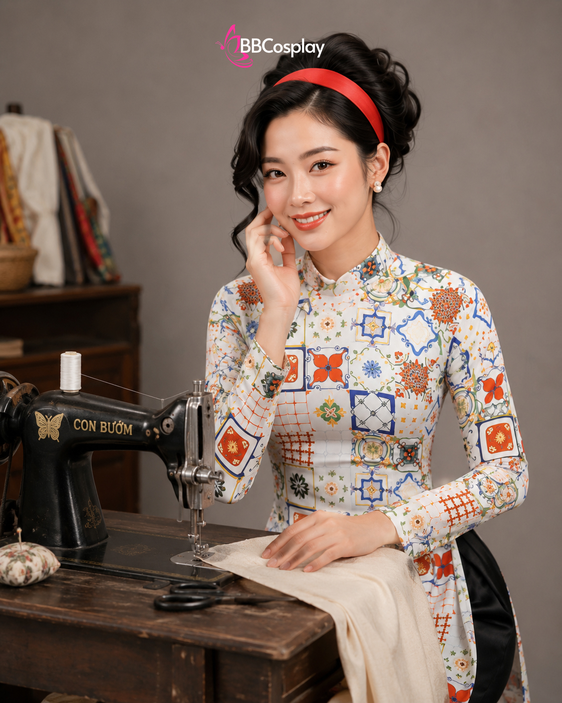 Áo Dài Cô Ba Sài Gòn Trắng Hoạ Tiết Vân Gạch Cam