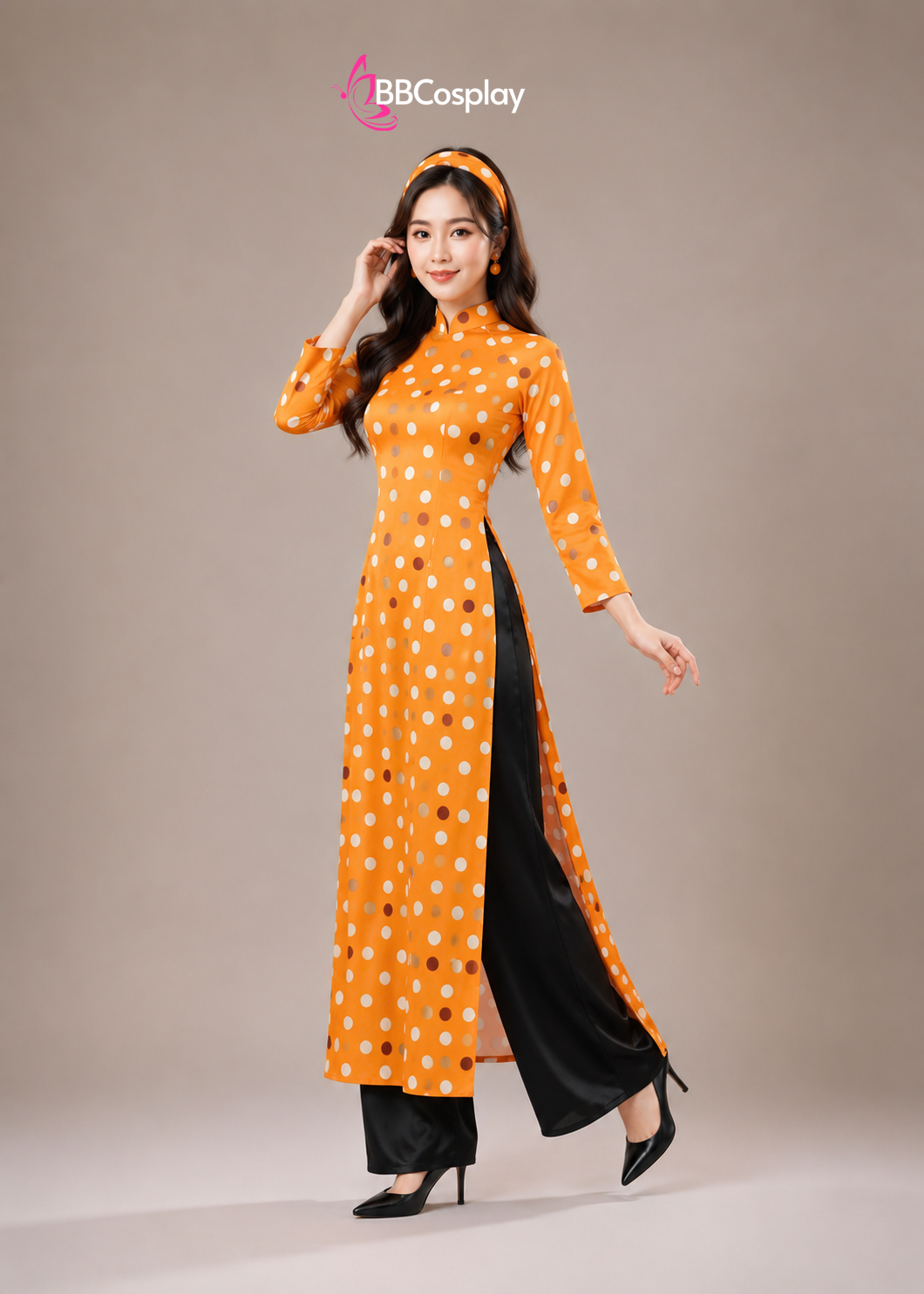 Áo Dài Cô Ba Sài Gòn Cam Chấm Bi