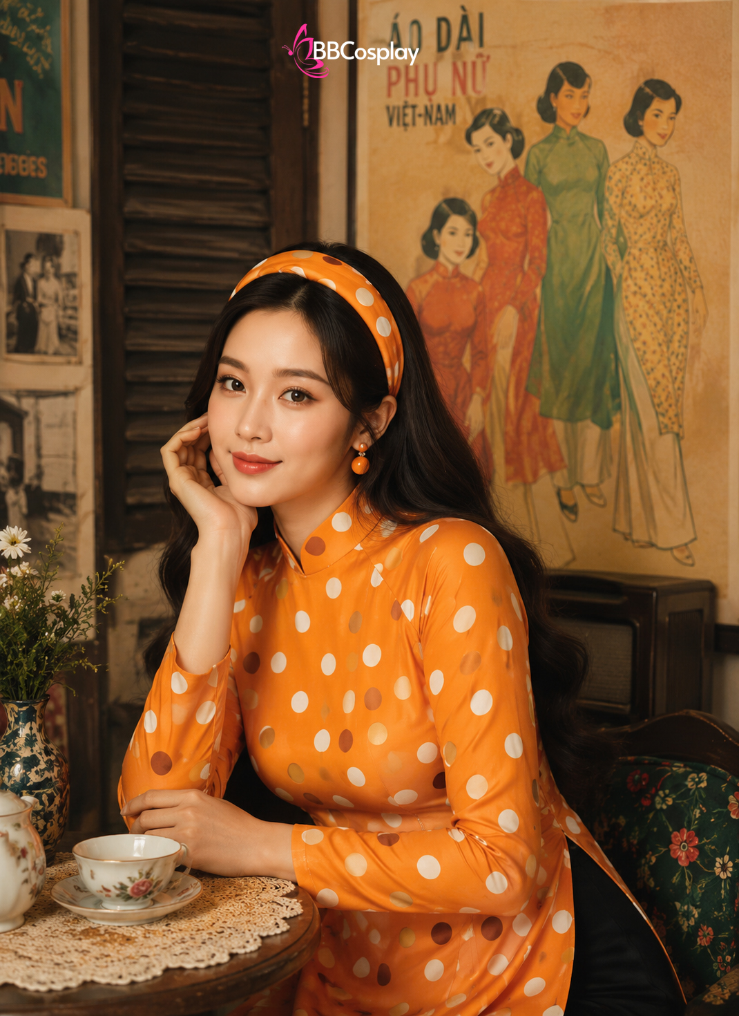 Áo Dài Cô Ba Sài Gòn Cam Chấm Bi