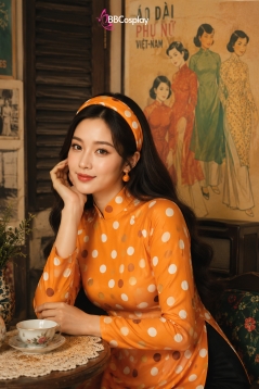 Áo Dài Cô Ba Sài Gòn Cam Chấm Bi