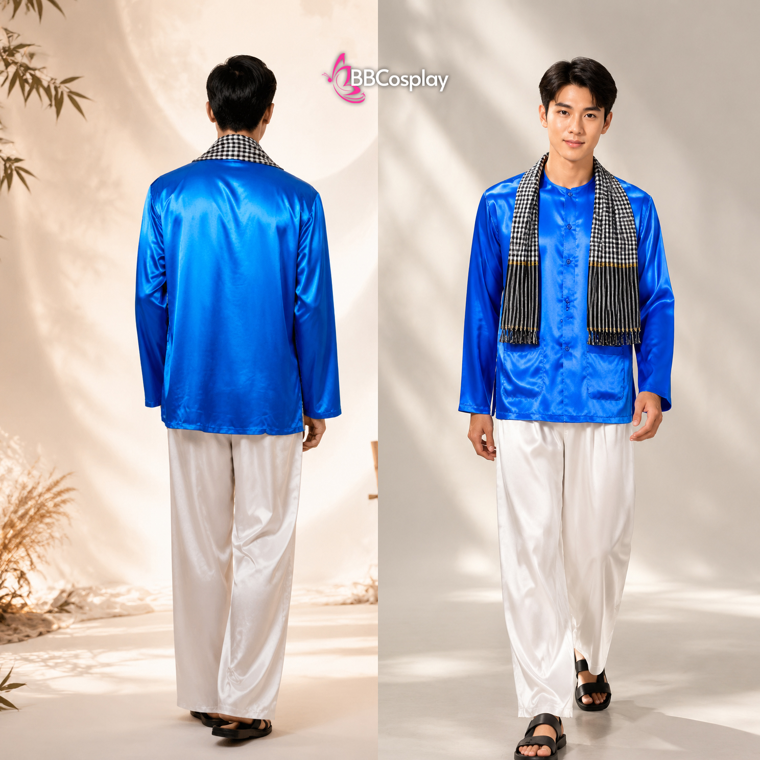 Trang Phục Bà Ba Nam Xanh Dương Vải Lụa