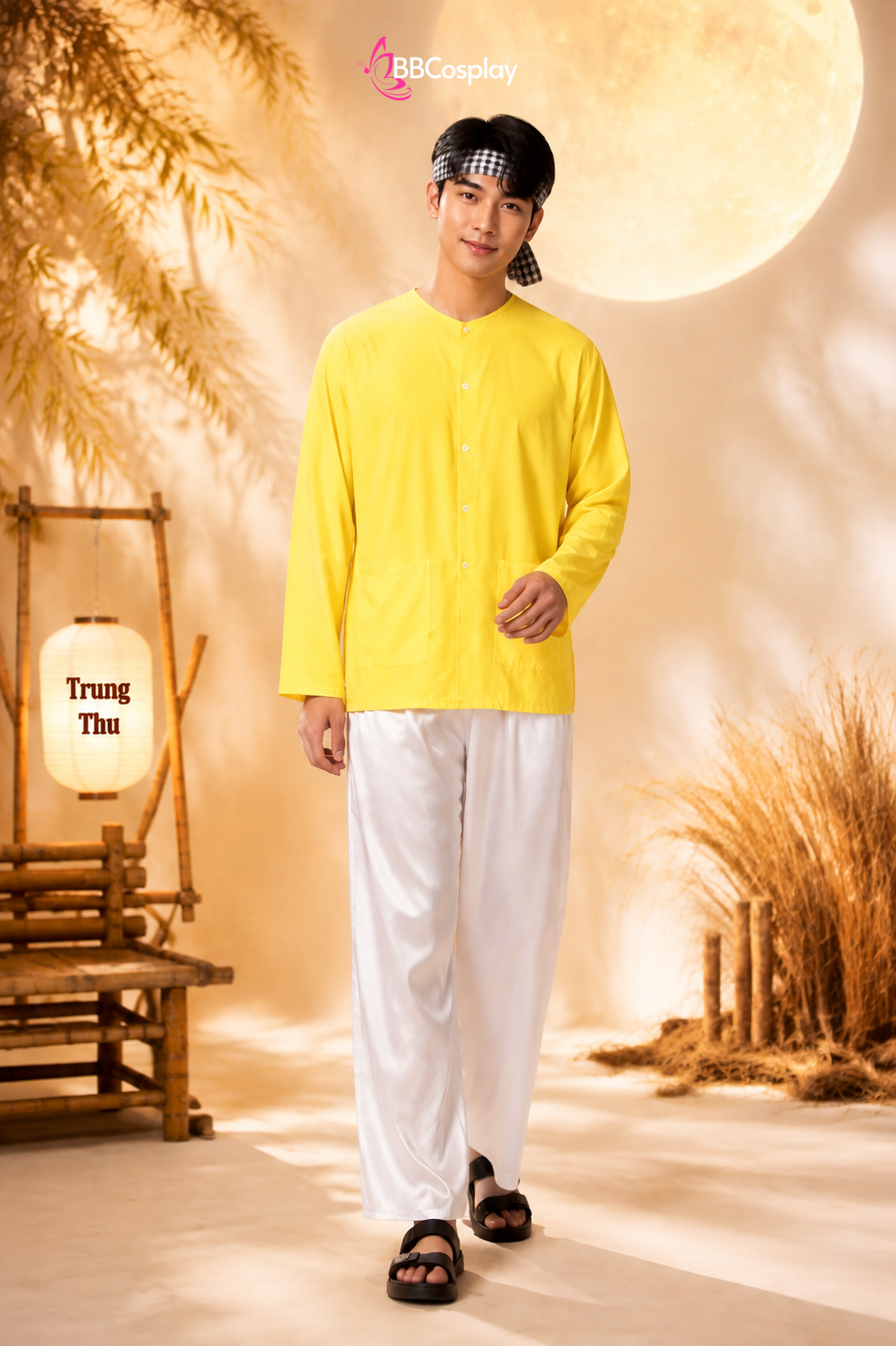 Trang Phục Bà Ba Nam Vàng Nhạt - Vải Kate