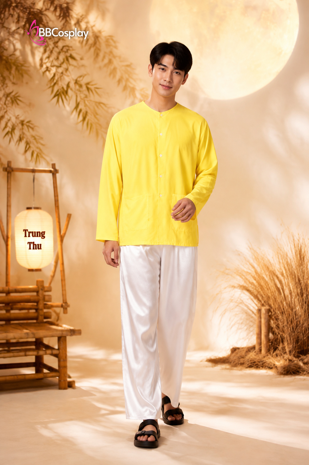 Trang Phục Bà Ba Nam Vàng Nhạt - Vải Kate