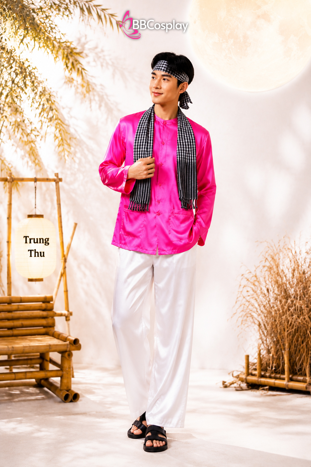 Trang Phục Bà Ba Nam Hồng Sen - Vải Lụa