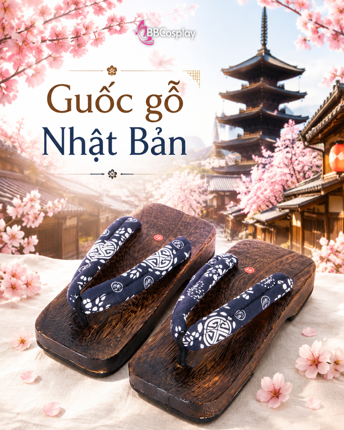 Guốc Gỗ Nam Nhật Bản - Geta Bản Gỗ Nâu Hoạ Tiết Tròn