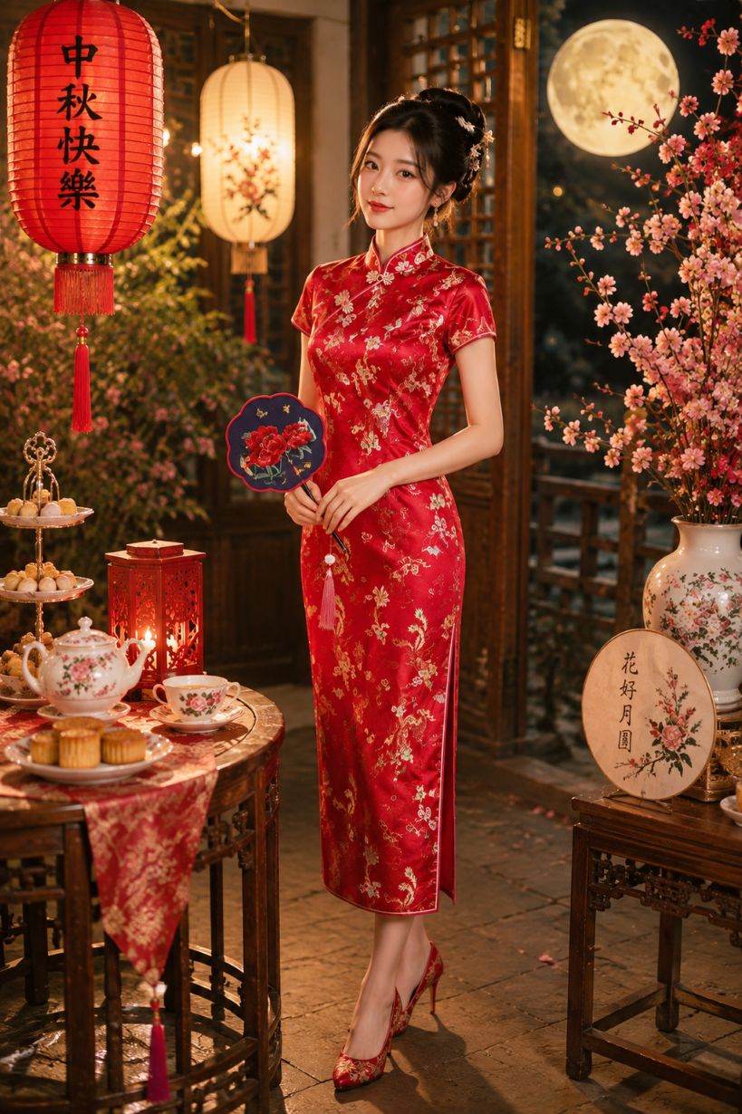Sườn Xám Gấm Đỏ Phượng Hoàng Cổ Tàu