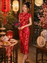 Sườn Xám Gấm Đỏ Phượng Hoàng Cổ Tàu
