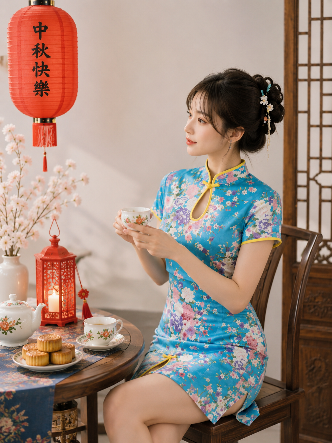 Sườn Xám Xanh Tay Ngắn Khoét Cổ Giọt Nước