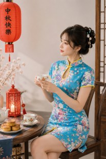 Sườn Xám Xanh Tay Ngắn Khoét Cổ Giọt Nước