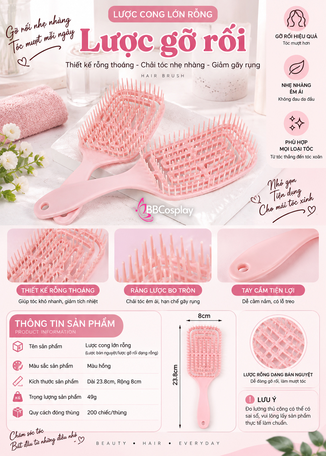 Lược Gỡ Rối Bảng To - Màu Hồng