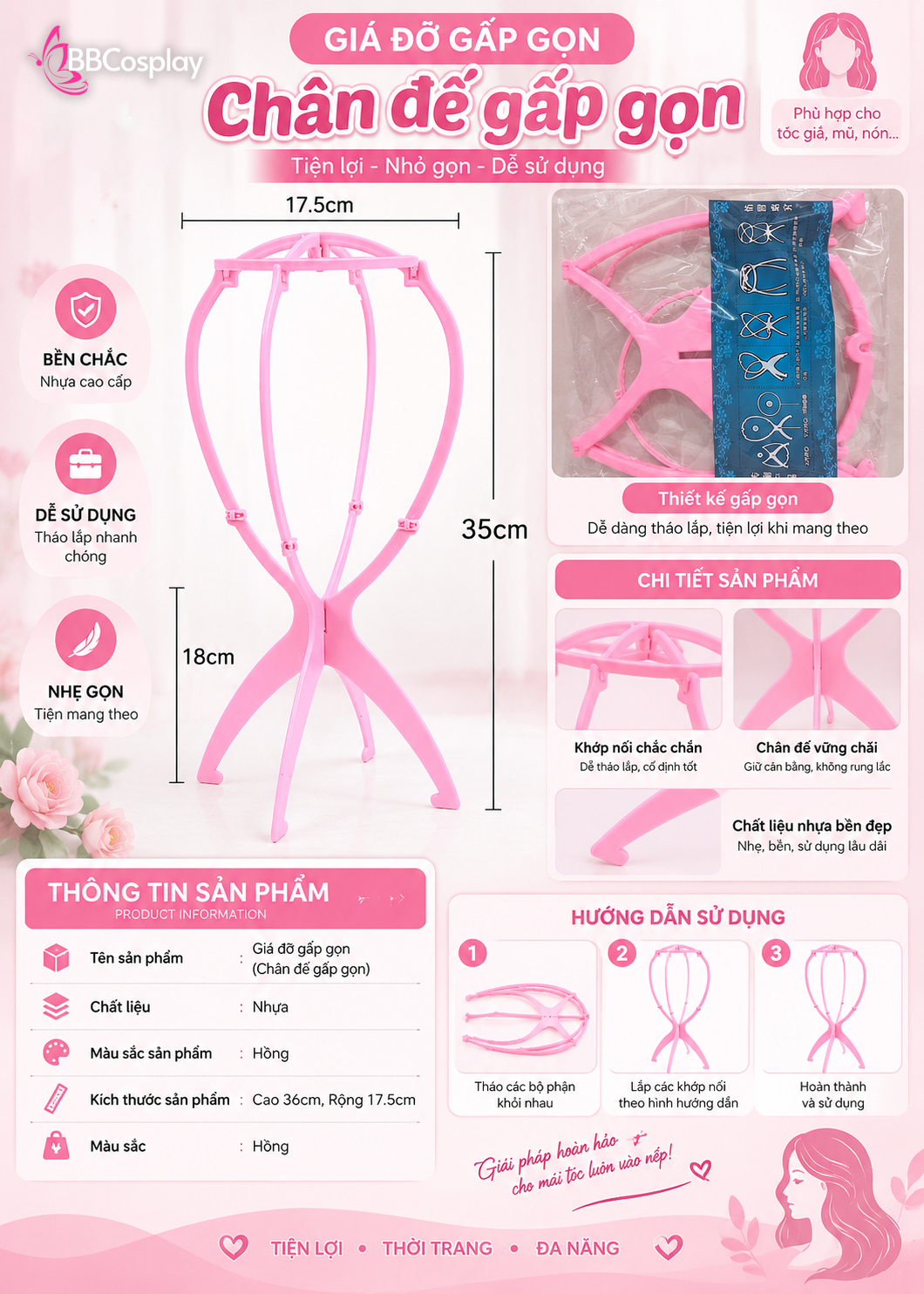 Chân Đế Trưng Bày Tóc Giả  - Mẫu Gấp Gọn - Màu Hồng