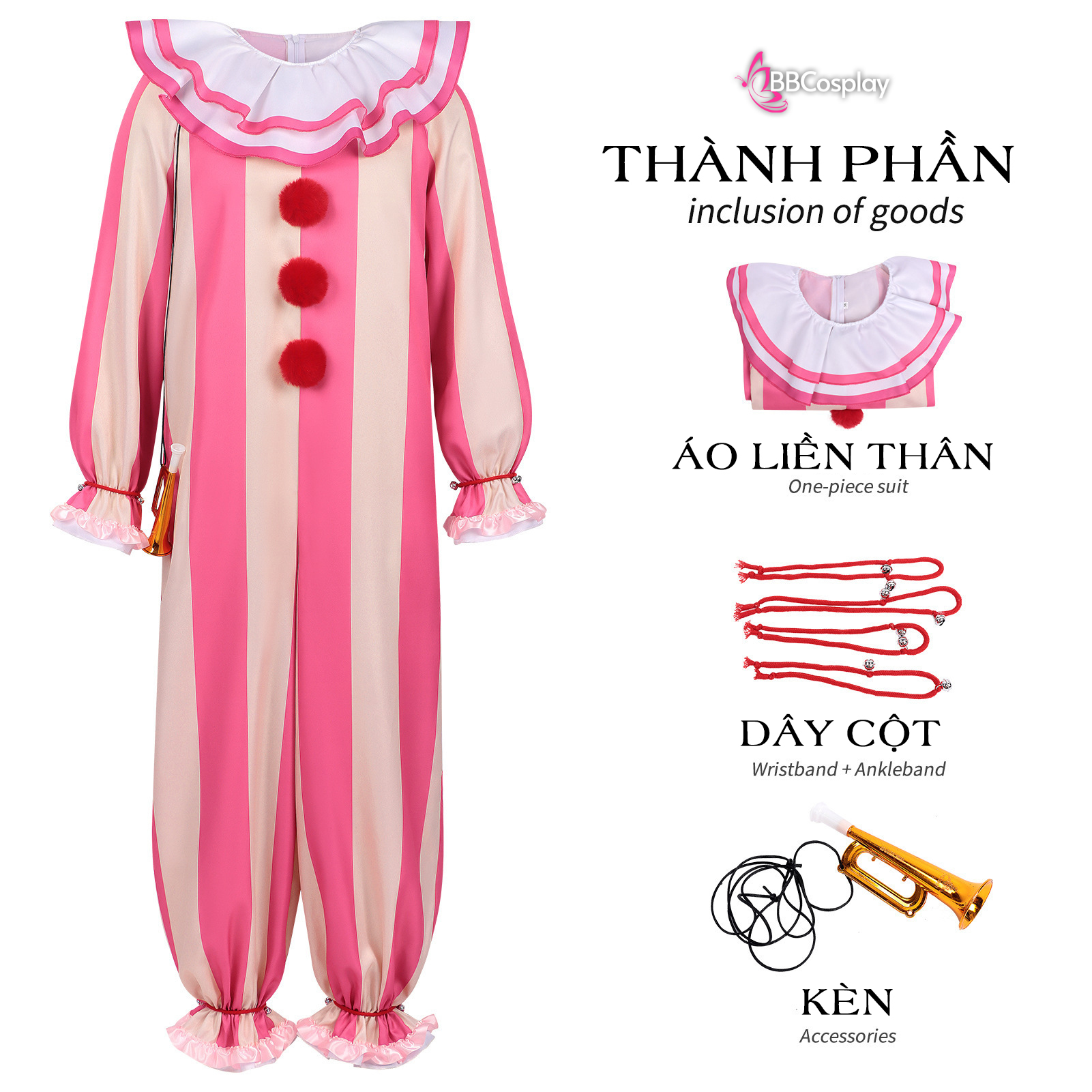 Trang Phục Biểu Diễn Hề Pink-Beige Halloween – Dark Clown Cosplay Jumpsuit