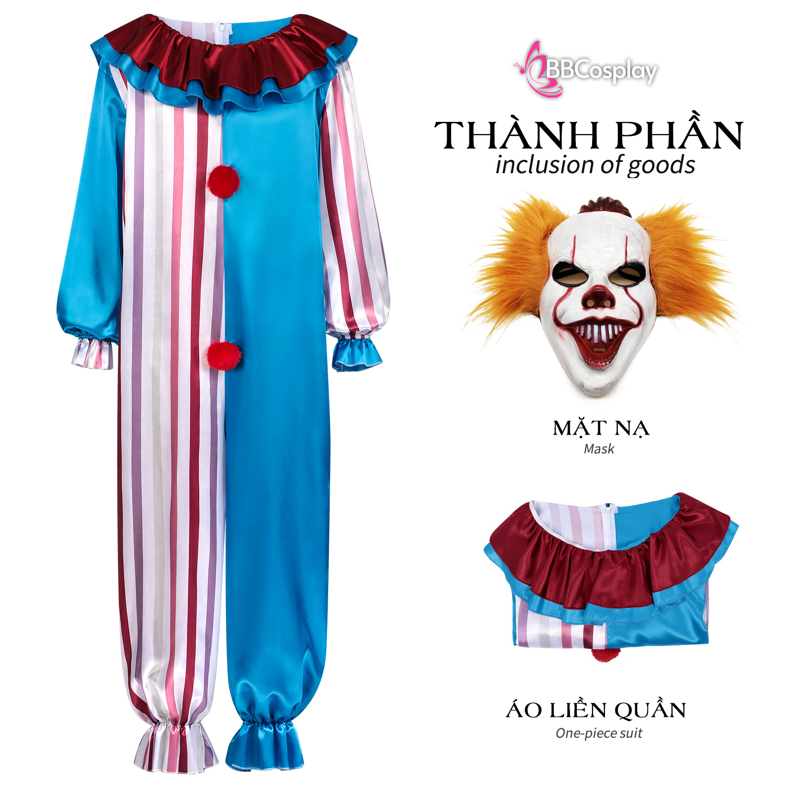 Trang Phục Biểu Diễn Hề Blue-Beige Halloween – Dark Clown Cosplay Jumpsuit