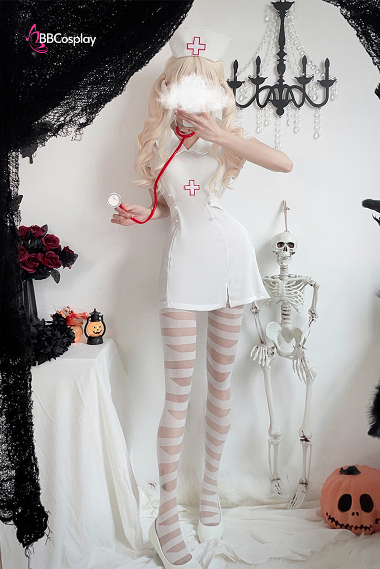Bộ Cosplay Y Tá Lolita Ngắn Cổ Thủy Thủ Kèm Mũ - Màu Trắng