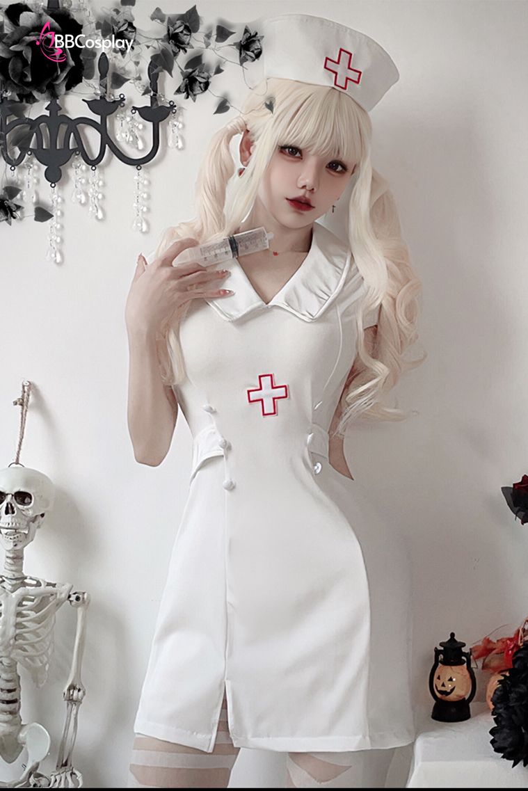 Bộ Cosplay Y Tá Lolita Ngắn Cổ Thủy Thủ Kèm Mũ - Màu Trắng