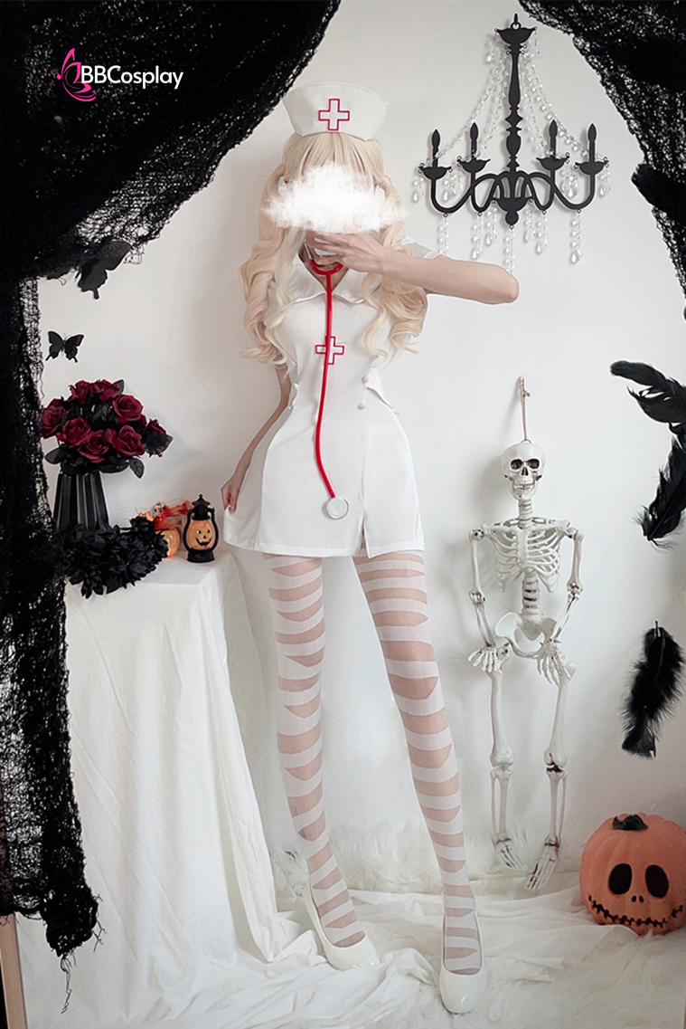 Bộ Cosplay Y Tá Lolita Ngắn Cổ Thủy Thủ Kèm Mũ - Màu Trắng