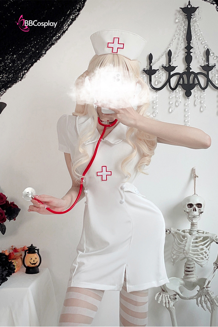 Bộ Cosplay Y Tá Lolita Ngắn Cổ Thủy Thủ Kèm Mũ - Màu Trắng