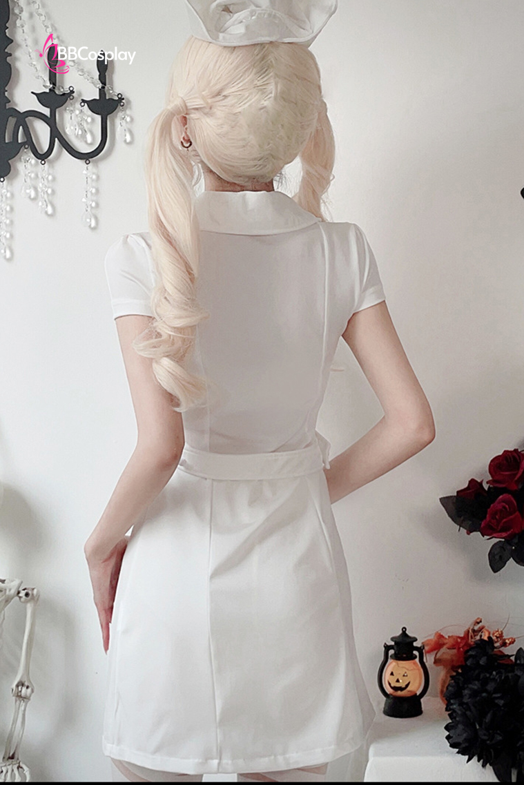 Bộ Cosplay Y Tá Lolita Ngắn Cổ Thủy Thủ Kèm Mũ - Màu Trắng