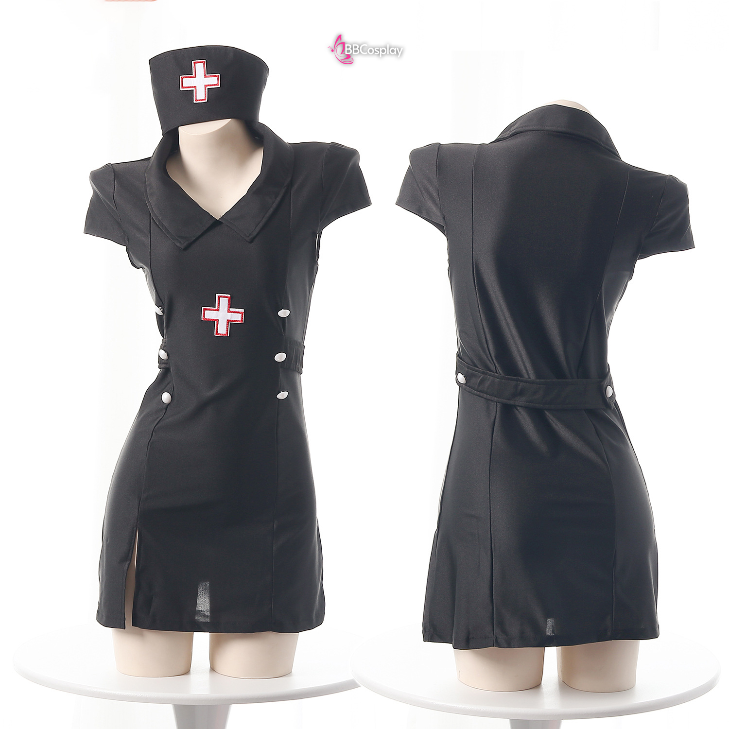 Bộ Cosplay Y Tá Lolita Ngắn Cổ Thủy Thủ Kèm Mũ - Màu Đen