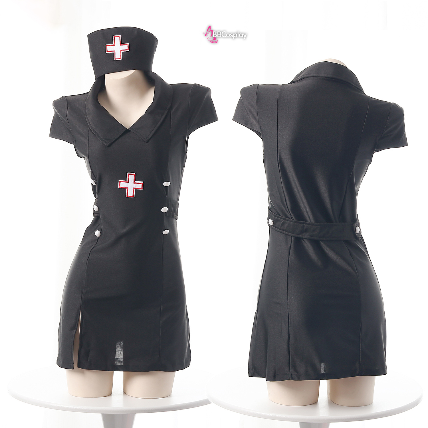 Bộ Cosplay Y Tá Lolita Ngắn Cổ Thủy Thủ Kèm Mũ - Màu Đen