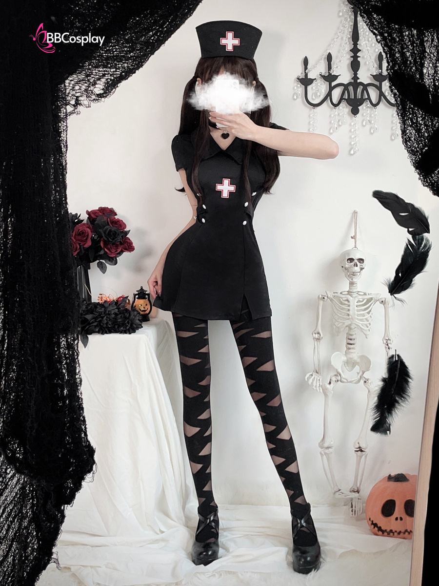Bộ Cosplay Y Tá Lolita Ngắn Cổ Thủy Thủ Kèm Mũ - Màu Đen