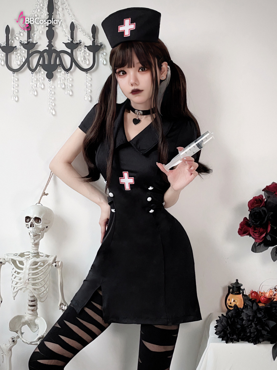 Bộ Cosplay Y Tá Lolita Ngắn Cổ Thủy Thủ Kèm Mũ - Màu Đen