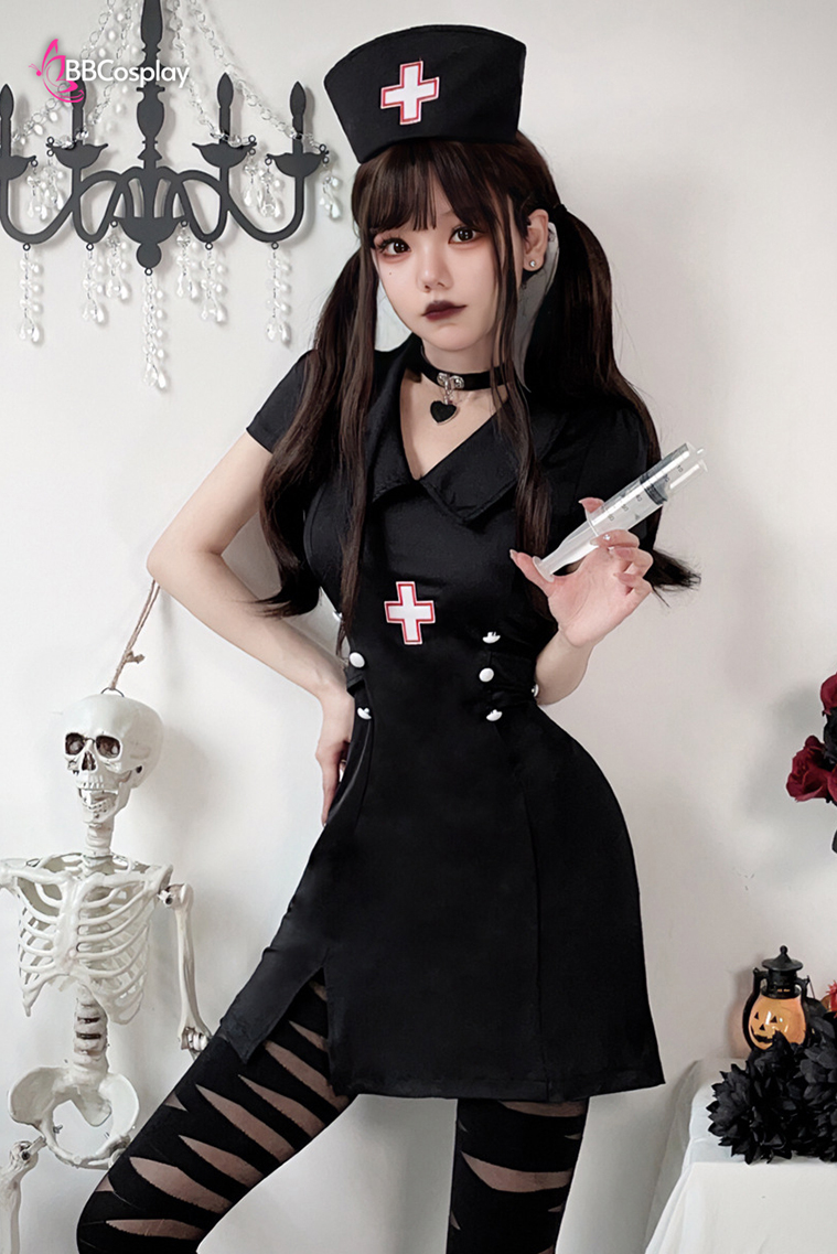 Bộ Cosplay Y Tá Lolita Ngắn Cổ Thủy Thủ Kèm Mũ - Màu Đen