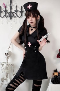 Bộ Cosplay Y Tá Lolita Ngắn Cổ Thủy Thủ Kèm Mũ - Màu Đen