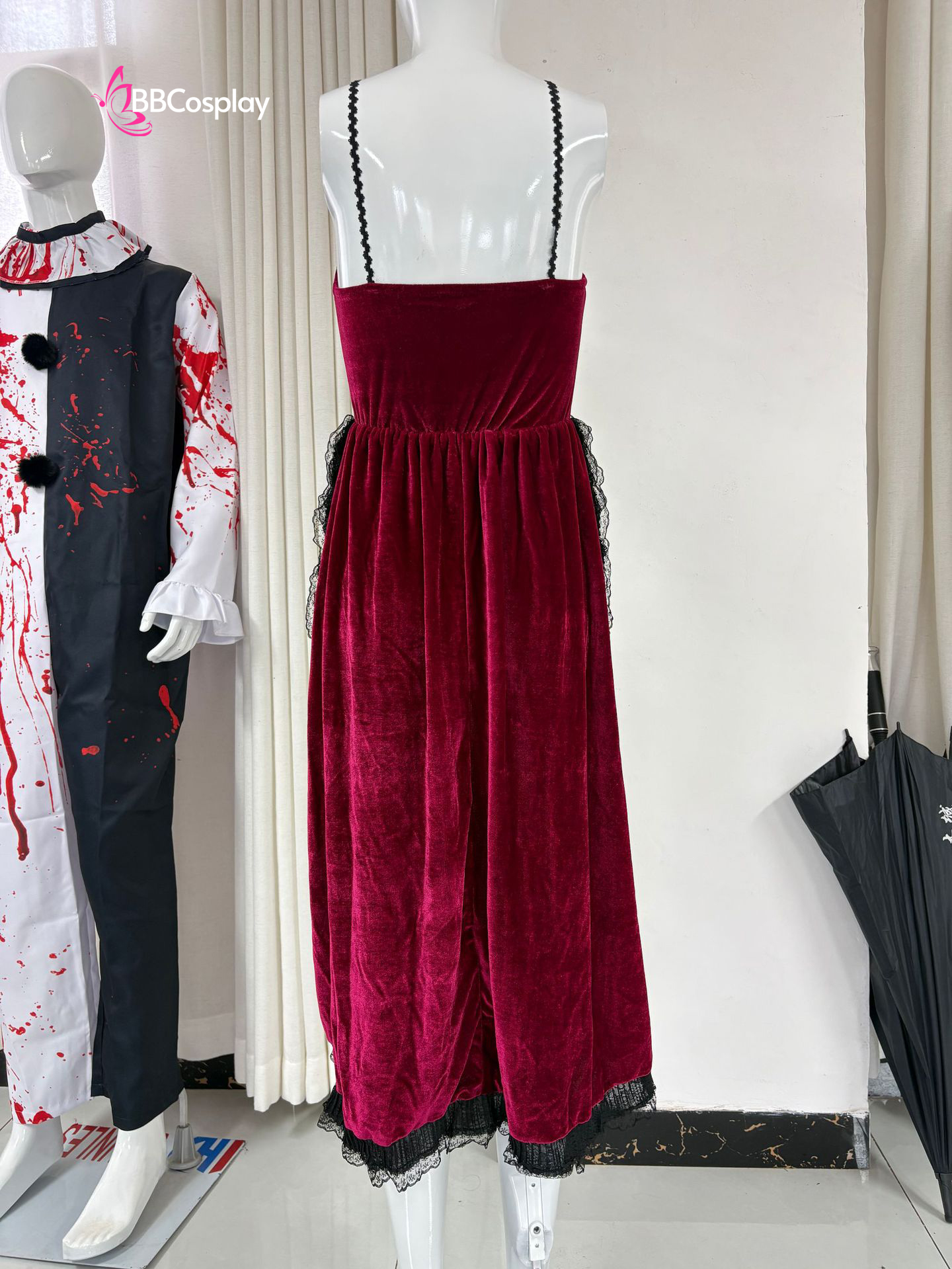 Bộ Cosplay Gothic Vampire Nhung Rượu Đỏ Cúp Ngực Thắt Nơ