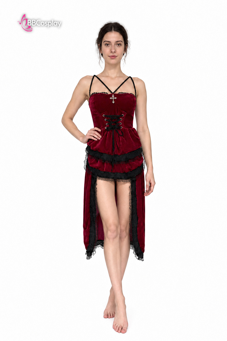 Bộ Cosplay Gothic Vampire Nhung Rượu Đỏ Cúp Ngực Thắt Nơ