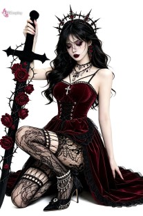 Bộ Cosplay Gothic Vampire Nhung Rượu Đỏ Cúp Ngực Thắt Nơ